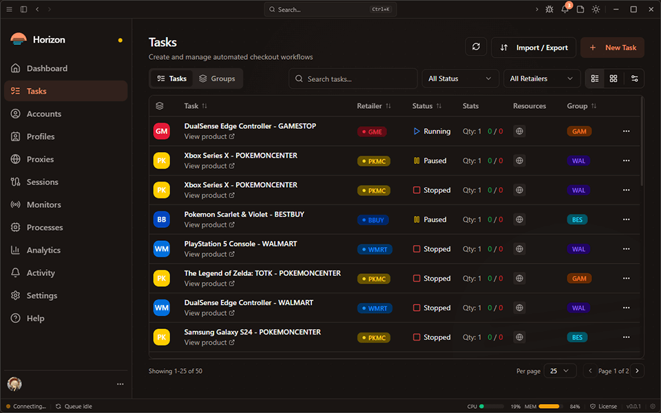 Horizon Tasks view